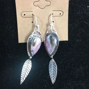 Sterling silver pink opal feather dangle earrings